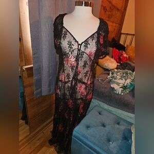 Free People Cherry-Cola and Pink Floral Lace Sheer Maxi Dress